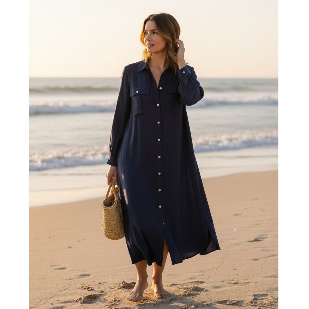 Vintage Shirt Dresses Inc California Dress Womens 10 Navy Midi Shirt Dress Gold